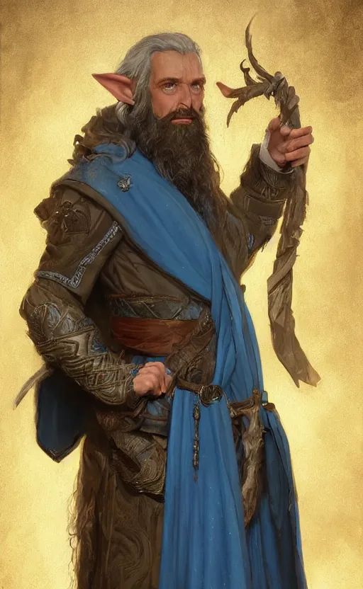 Image similar to portrait of a middle aged elf with a long beard, dressed in a blue cloak with clock iconography, brown hair, raised hand, detailed face, fantasy, highly detailed, cinematic lighting, digital art painting by greg rutkowski