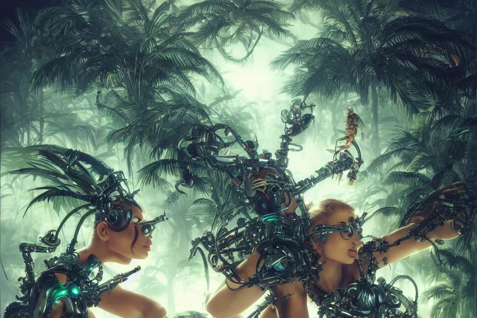 Prompt: an extreme close - up of a cyborg nymph playing with a giant insect surrounded by saxophones, palm trees, jungle fruit, and stylized designer modular chrome eye candy, volumetric light caustics clouds of smoke, by hajime soryama, boris vallejo, bouguereau, mamoru nagano