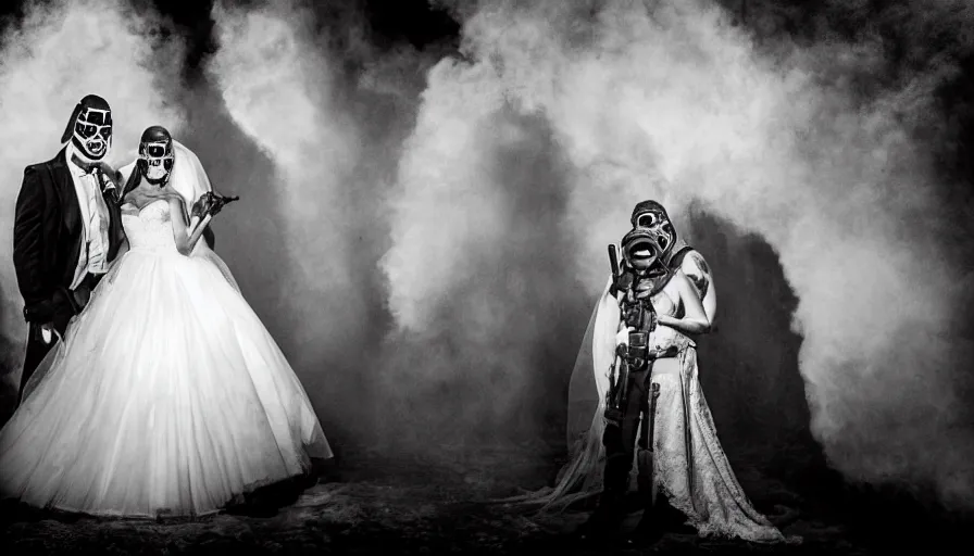 Image similar to disturbing big budget hollywood movie bride and groom wearing gas masks at the marriage of reason and squalor perfect composition dramatic lighting chiaroscuro