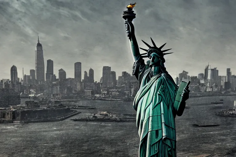 Image similar to The statue of liberty after nuclear fallout, concept art by Ray Lederer, fallout concept art, wallpaper, trending on art station