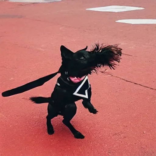 Image similar to photo of a dog wearing a ninja uniform throwing a Chinese-star