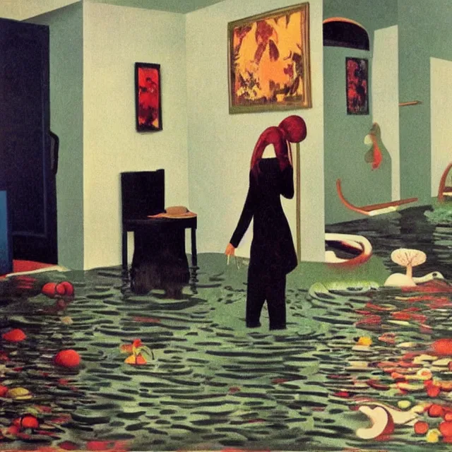 Image similar to tall emo artist in her flooded apartment, painting of flood waters inside an artist's home, a river flooding indoors, pomegranates, pigs, ikebana, zen, water, octopus, river, rapids, waterfall, black swans, canoe, berries, acrylic on canvas, surrealist, by magritte and monet