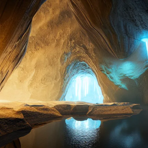 Prompt: light is mine to travel,beyond time ,the cathedrals in a underground vast cave canyon grotto, of life the beginning , geological strata,ground mist, falling water,deep clear pools of water,reflection,refraction, hyper-maximalist,micro details, 3d sculpture,,digital rendering,octane render , 4k, artstation, concept art ,amazing lighting, f42,deep depth of field,photographic, wide angle,cinematic lighting