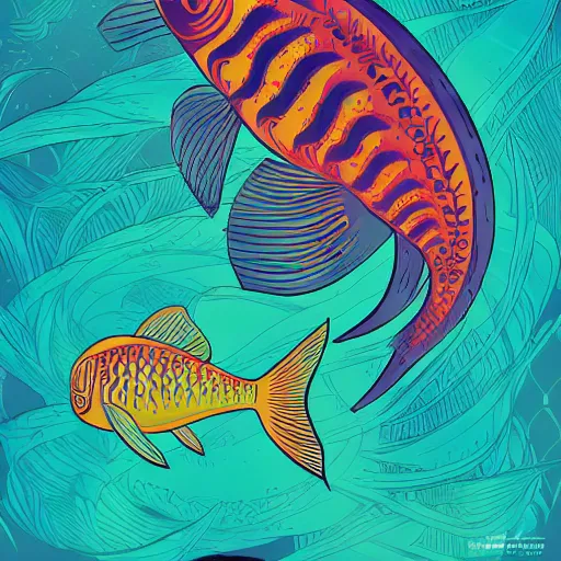 Prompt: a single highly stylized fish in the ocean, viewed in profile, seaweed, background with complex patterns, sparkles, artstation, intricate, highly detailed, digital painting, concept art, sharp focus, illustration by tom whalen and charles williams and kilian eng and james jean