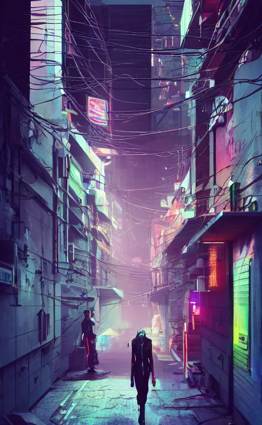 Image similar to a cyberpunk American alley with robots and humans walking around by marcel deneuve and beeple