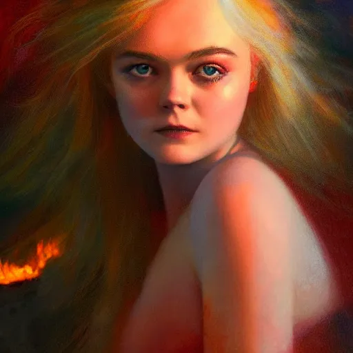 Prompt: professional painting of Elle Fanning on the beach surrounded by bright orange fire in the style of Delphin Enjolras, head and shoulders portrait, symmetrical facial features, smooth, sharp focus, illustration, intricate, stormy weather, extremely detailed masterpiece,