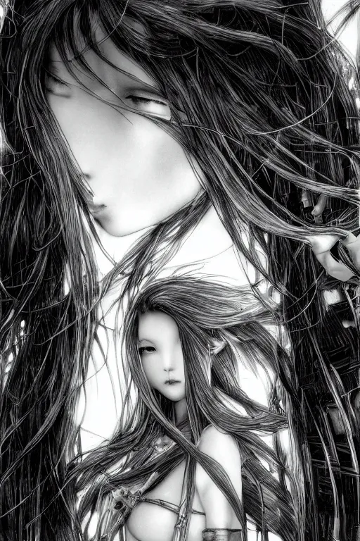 Image similar to a vertical portrait of a character in a scenic environment by Yoshitaka Amano, black and white, dreamy, cybernetic, wavy long black hair, highly detailed