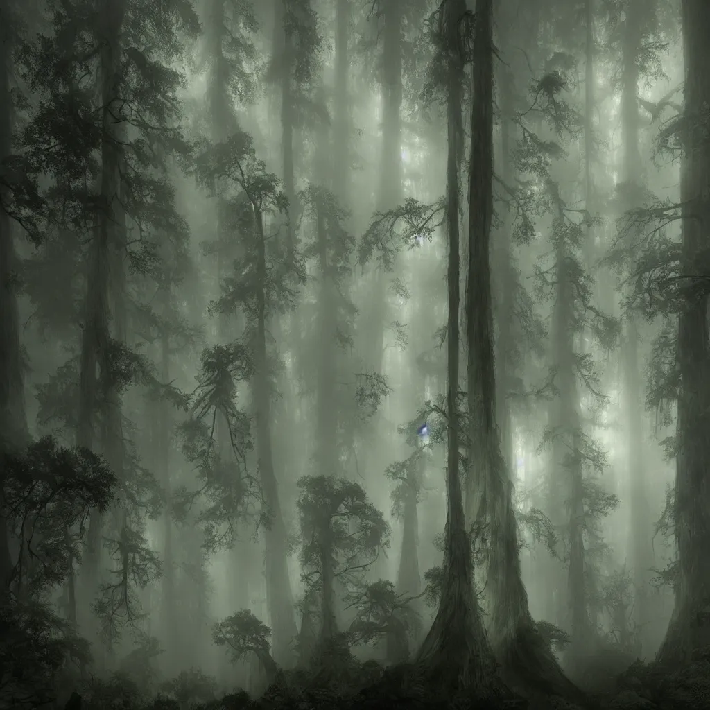 Image similar to a dark enchanted redwood forest at night, upward cinematic angle, thick mist, by rodney matthews, michael kaluta, p. craig russell, bill sienkiewicz and greg rutkowski, ghostly low light, stunning composition, intricate, elegant, digital art, hyperdetailed, colorful hyperrealism, sharp depth of field, 8k