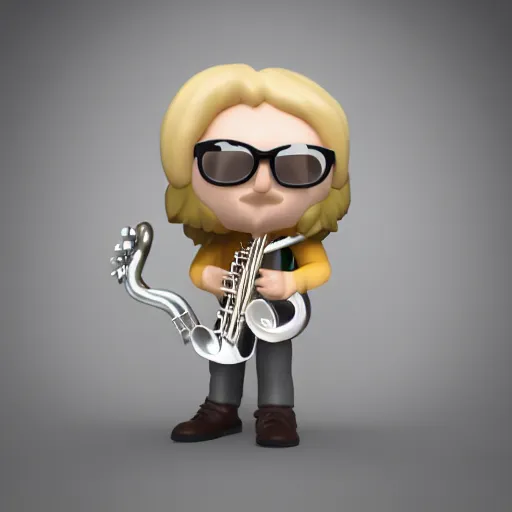 Prompt: a 3d render of blond hippie man playing the sax as a funko pop, studio lighting, grey background