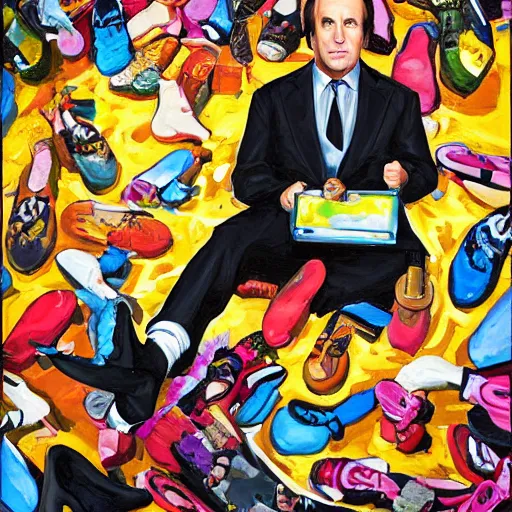 Prompt: Saul Goodman surrounded by feet, painting, gothic