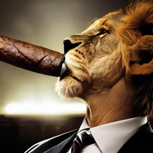 Image similar to a lion smoking a cigar wearing a suit, subject= lion, subject detail: wearing a suit, subject action: smoking a cigar, dramatic lighting, cinematic lighting, establishing shot, photorealistic, high details, cinematic, 8k resolution, extremly detailed, photorealistic, artstation, unreal engine