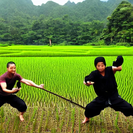 Image similar to ninja training in a rice fields fighting with a giant monster lobster