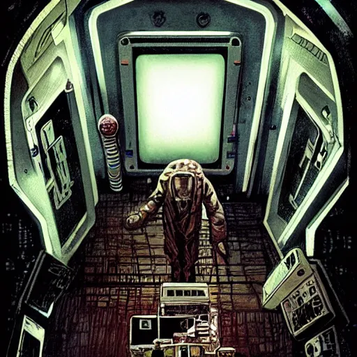 Image similar to lovecraftian, 2 0 0 1 a space odyssey, y 2 k aesthetic, dramatic lighting, illustration by enki bilal, trending on artstation