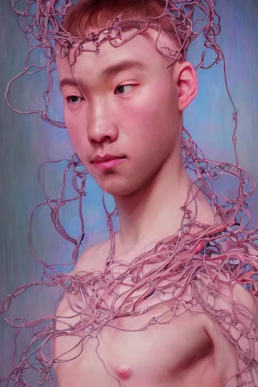 Image similar to hyperrealist portrait of elijah zu bailey, pink, it is decorated with long wires that fall like vines and wears small computers over their body. by jeremy mann and alphonse mucha, fantasy art, photo realistic, dynamic lighting, artstation, poster, volumetric lighting, very detailed faces, 4 k, award winning