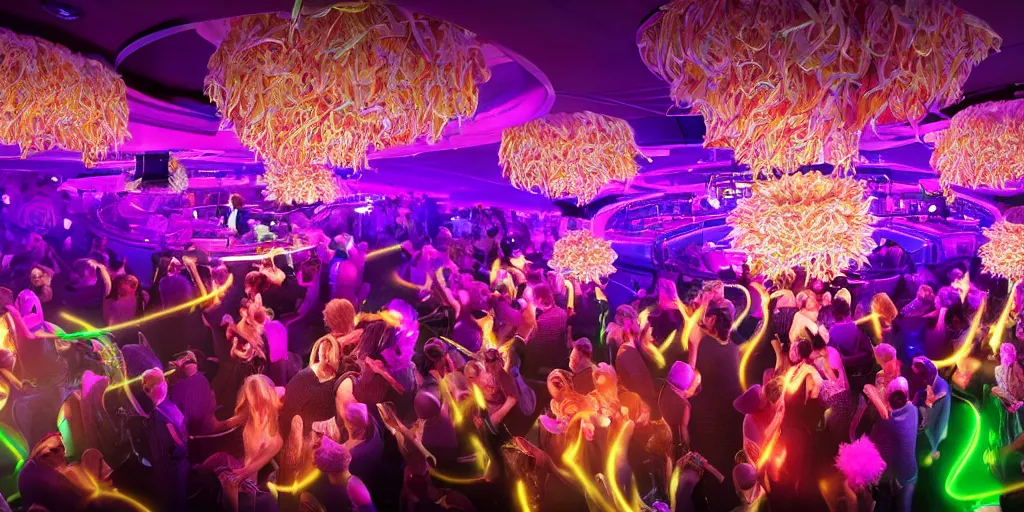 Prompt: 8 k uhd cinema 4 d, octane render of multiple cats with fluffy tails, dressed as vegetables, line dancing at a party, in the ballroom of a luxury cruise liner, beautiful chandeliers from the ceiling, ultra realistic, wide angle shot, group photography 1 8 mm lens, multi coloured volumetric lighting