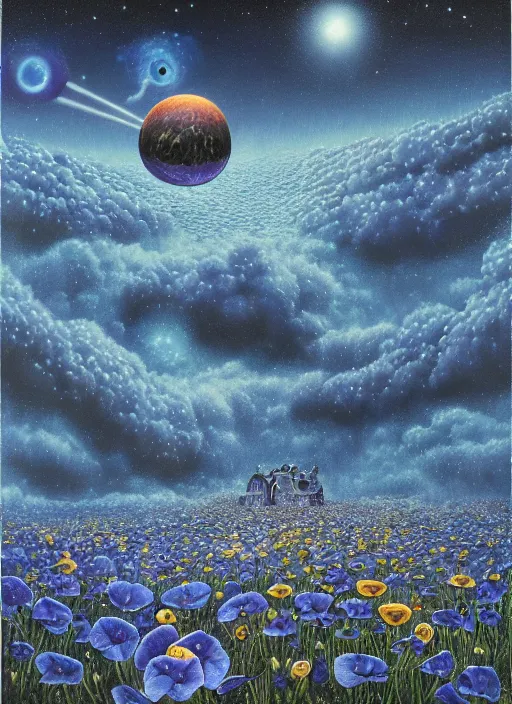 Image similar to detailed, intricate blue black and purple papaverum flower on the field, nebula, galaxy in the sky, winning award masterpiece, fantastically beautiful, illustration, aestheticly inspired, jacek yerka, upscale with anguissola sofonisba work, artstation, 8 k