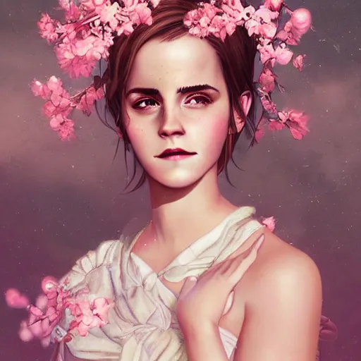 Image similar to emma watson expressive full body photo, of beautiful angel, smooth glowing skin, ornate headpiece made from pink flowers, glamour shot, by yoshitaka amano, by greg rutkowski, by jeremyg lipkinng, by artgerm, digital art, octane render