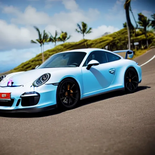 Image similar to porsche gt 3 in hawaii city, cinematic, 8 k, game