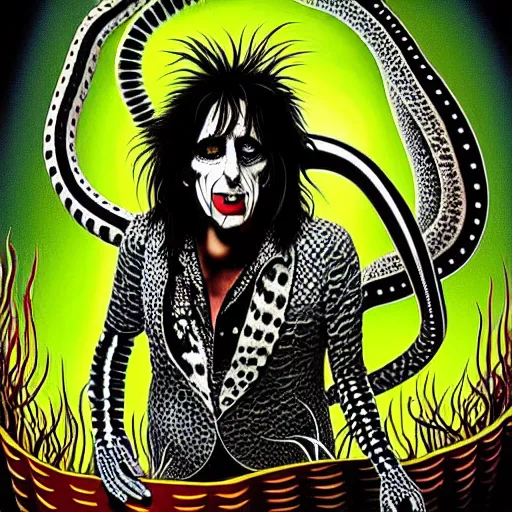 Image similar to graphic illustration, creative design, alice cooper as a snake, biopunk, francis bacon, highly detailed, hunter s thompson, concept art