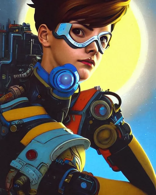 Image similar to tracer from overwatch, character portrait, portrait, close up, concept art, intricate details, highly detailed, vintage sci - fi poster, retro future, in the style of chris foss, rodger dean, moebius, michael whelan, and gustave dore