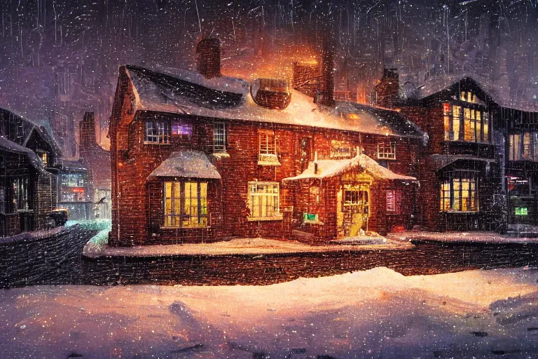 Prompt: cyberpunk, winter in the snow, Christmas lights, external view of a 5 bedroom detached cyberpunk house in the UK, by Paul Lehr