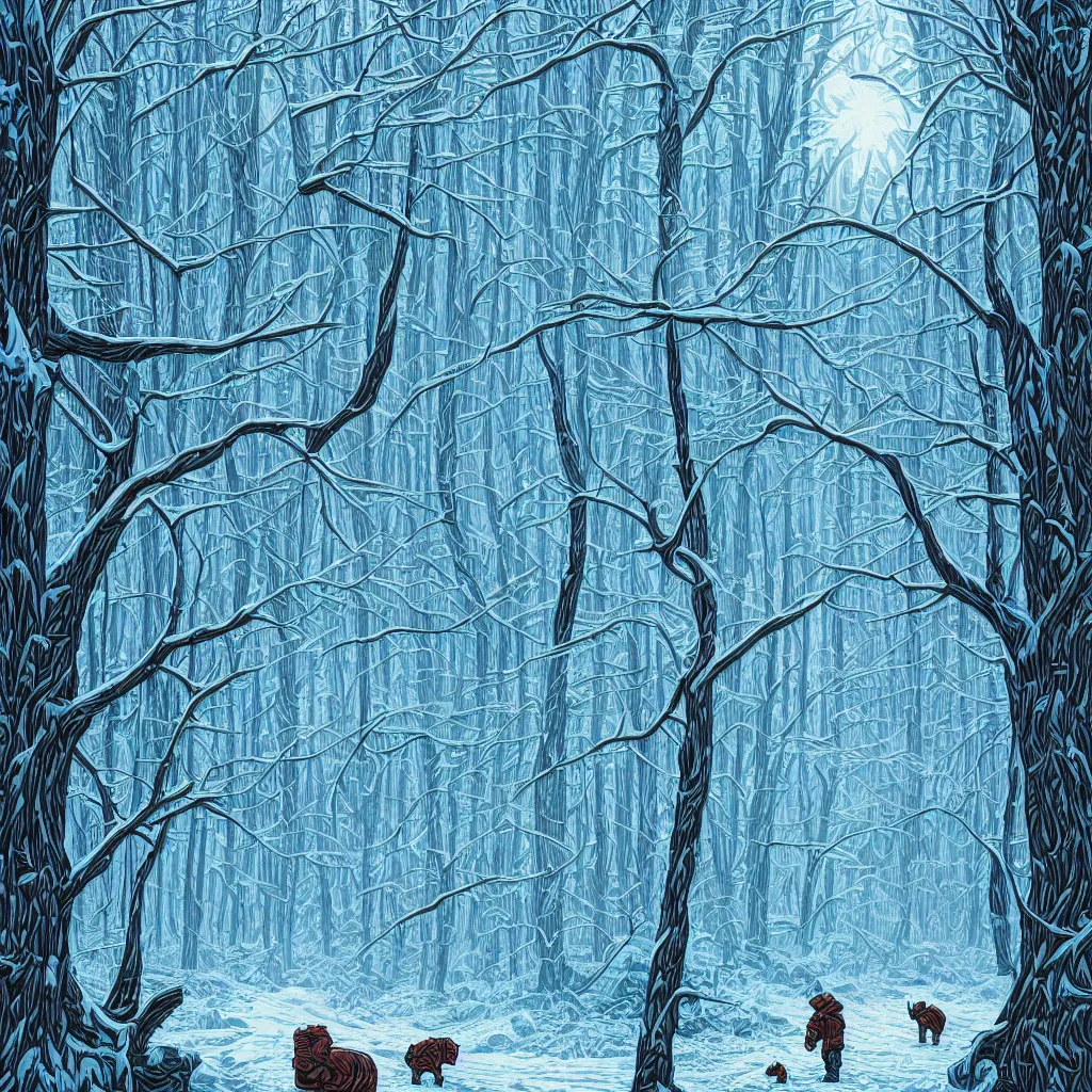 Prompt: An icy forest by Dan Mumford