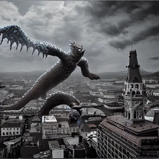 Image similar to kaiju attack in budapest photography realistic, detailed, cinematic