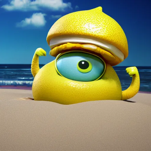 Prompt: 3 d octane render, of an anthropomorphic lemon character looks like monster from the movie وmonsters inc, with lemon skin texture, he is wearing a hat, building a sandcastle on the beach at sunset, beach, huge waves, sun, clouds, long violet and green trees, rim light, cinematic photography, professional, sand, sandcastle, volumetric lightening