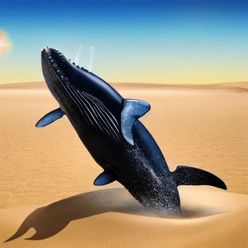 Prompt: a magic whale jumping out of the sand majestically, realistic, 4 k