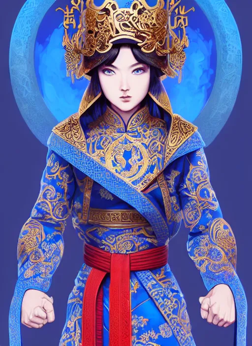 Image similar to manchurian martial artist!!!! blue eyes!! intricate ornate blue robes!! character concept art, sharp focus, octane render! unreal engine 5! highly rendered!! trending on artstation!! detailed linework!! illustration by artgerm, wlop, and chie yoshii