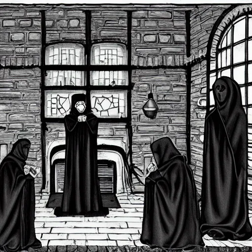 Image similar to cultists in black robes surround a stove, realistic, gothic, black masks, magical, realistic painting, Dungeons and Dragons