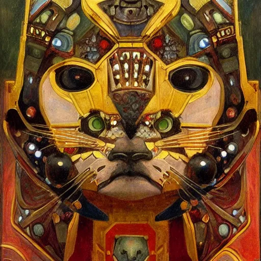 Image similar to masterpiece painting of an ornate bejeweled robot cat head, by annie swynnerton and diego rivera and nicholas roerich and jean delville, symbolist, dramatic lighting, god rays, elaborate geometric ornament, art brut, rich colors, smooth, sharp focus, extremely detailed, adolf wolfli and ( donato giancola )