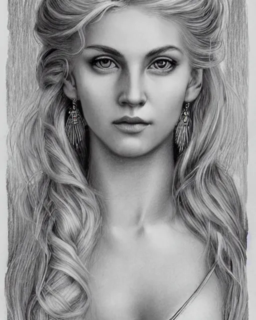 Image similar to pencil drawing of a beautiful greek goddess aphrodite with arrowhead earrings, beautiful piercing eyes, beautiful blonde hair, hyper realistic face, in the style of greg rutkowski, fantasy, amazing detail, epic, elegant, smooth, sharp focus, from the front