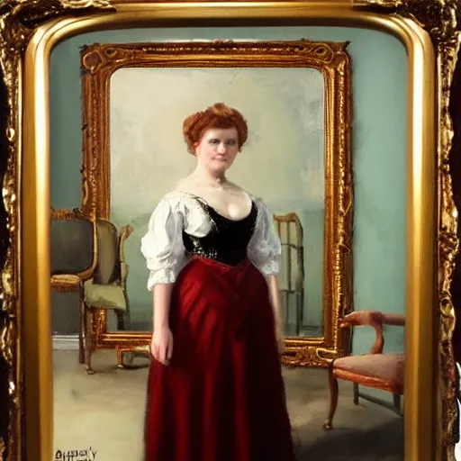 Prompt: oil portrait of a victorian lady wearing a beautiful dress in front of aa victorian mirror by greg rutowsky, trending on artstation