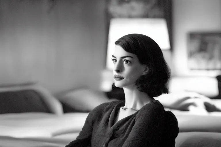 Image similar to beautiful medium shot of anne hathaway in a film noir ; grainy black and white movie still