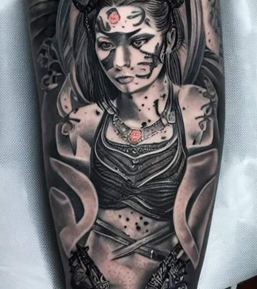 Image similar to tattoo design of a hyper realistic beautiful girl warrior, hyper detailed, inspired by eliot kohek, on white background