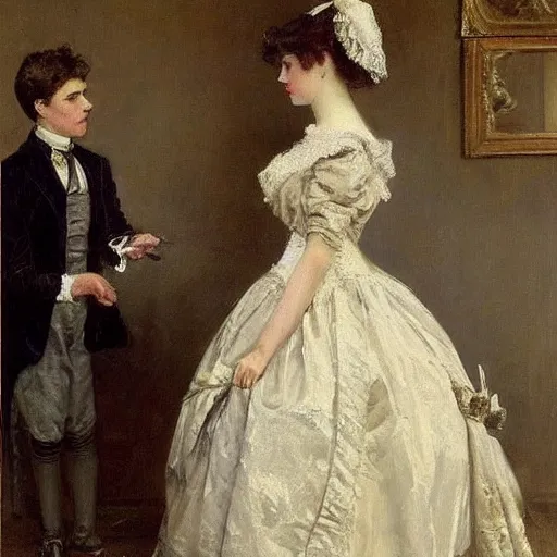 Image similar to young victorian lady shopping for ball gowns, painted by alfred stevens