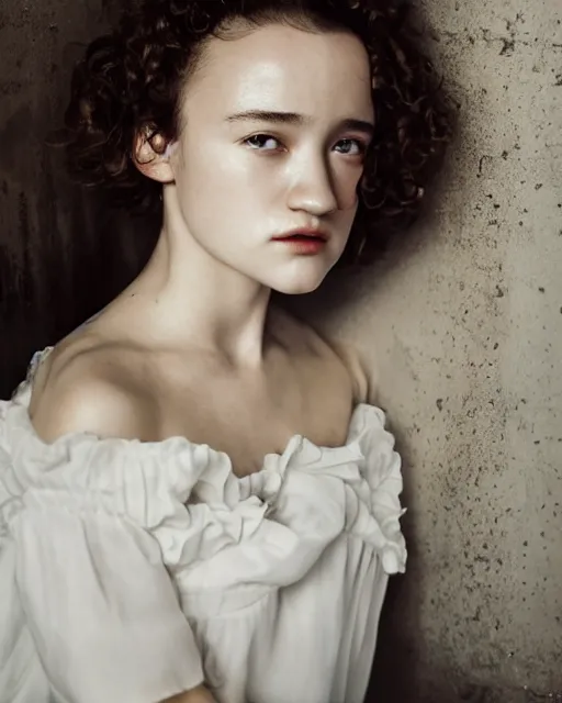 Image similar to photo of a model, face of julia garner, wearing a white dress, black hair, beauty, full body portrait, by greg kutkowski, by marat safin, sharp details, soft lighting, subsurface scattering, pearls of sweat, glistening skin, warm lighting