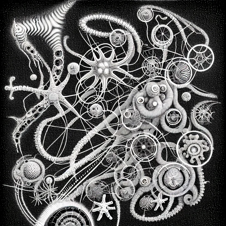 Image similar to a black and white drawing of a variety of sea life and filled with gundam mech equipment space station, a microscopic photo by ernst haeckel, zbrush central, kinetic pointillism, bioluminescence, biomechanical, intricate patterns, photoillustration