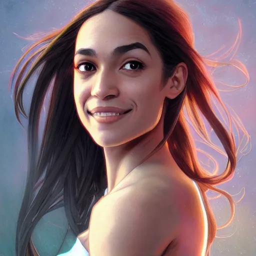 Image similar to ultra realistic illustration, alexandria ocasio - cortez as happy anime girl, intricate, elegant, highly detailed, digital painting, artstation, concept art, smooth, sharp focus, illustration, art by artgerm and greg rutkowski and alphonse mucha