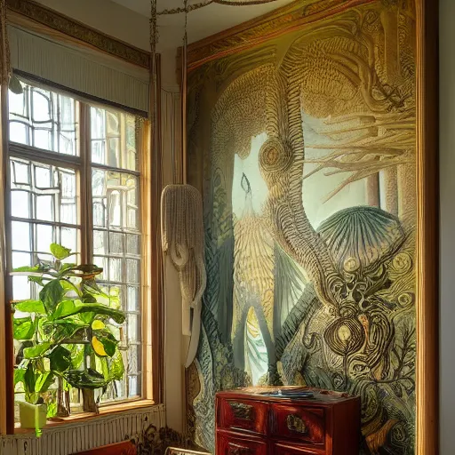 Image similar to room interior with furniture, art forms in nature, inspired by ernst haeckel, morning light, intricate high details, sharp, ultradetailed