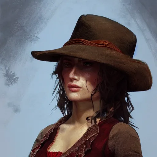 Image similar to A young russian woman as a Red dead redemption 2 loading screen, very detailed face, gorgeous, beautiful, intricate, highly detailed, digital painting, artstation, concept art, sharp focus, illustration, art by greg rutkowski and alphonse mucha