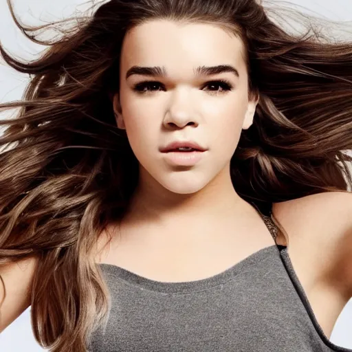 Prompt: hailee steinfeld with her arms above her head posing for a photoshoot, professional modeling photography