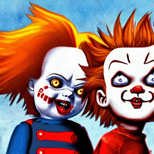 Prompt: pennywise and Chucky together, cartoon style