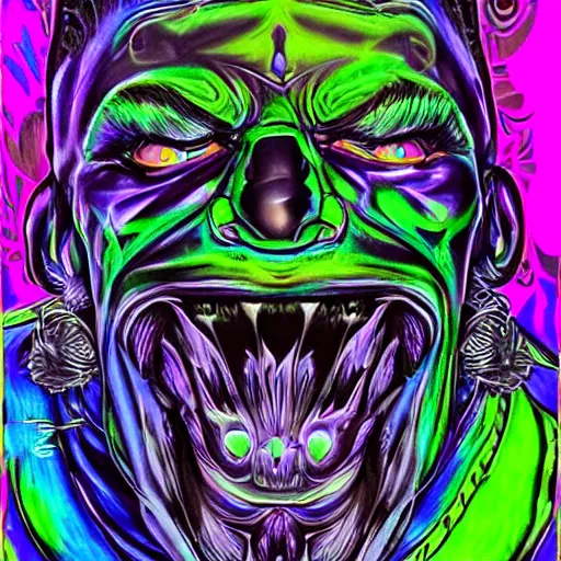 Image similar to psychedelic blacklight airbrush artwork of a stylized orc biker