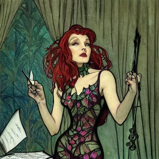 Prompt: a beautiful painting of poison ivy as a lawyer dressed in a three piece suit arguing a case in a court, dark eyeliner, intricate, elegant, highly detailed, digital painting, artstation, concept art, matte, sharp focus, illustration, art by rebecca guay and by arthur rackham and by alphonse mucha and by john william waterhouse