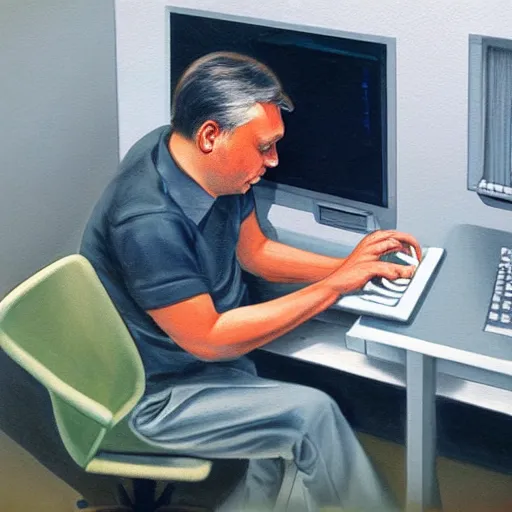 Image similar to viktor orban programming a commodore 6 4 in a cubicle, oil painting