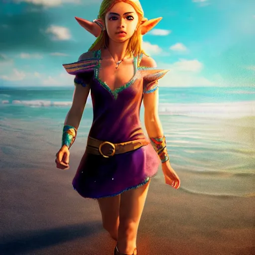 Prompt: a hyper real comic book style portait painting of zelda on the beach walking to the ocean, unreal 5, hyperrealistic, octane render, cosplay, rpg portrait, dynamic lighting