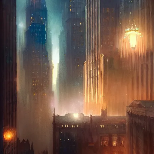 Image similar to nighttime in gotham city, art deco architecture, light mist, fantasy, intricate, elegant, digital painting, trending on artstation, concept art, soft focus, illustration by greg rutkowski, Gaston Bussiere and artgerm, 4k.