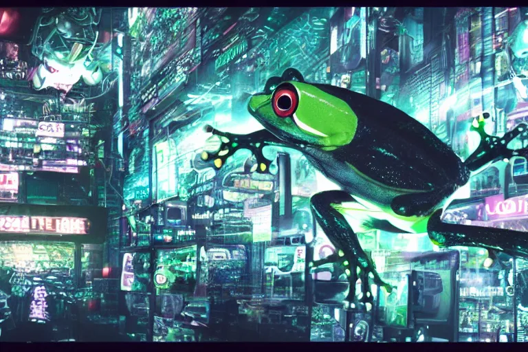 Image similar to cyborg - frog, surrounded by screens, in 2 0 5 5, y 2 k cybercore, industrial low - light photography, still from a ridley scott movie